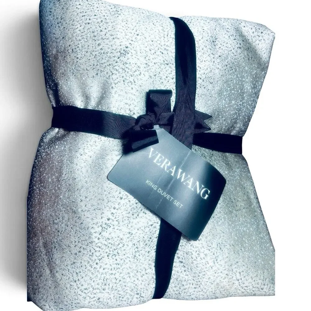 Vera Wang Silver Speckled Satin Jacquard 3 pc King Duvet Cover Set 107x92